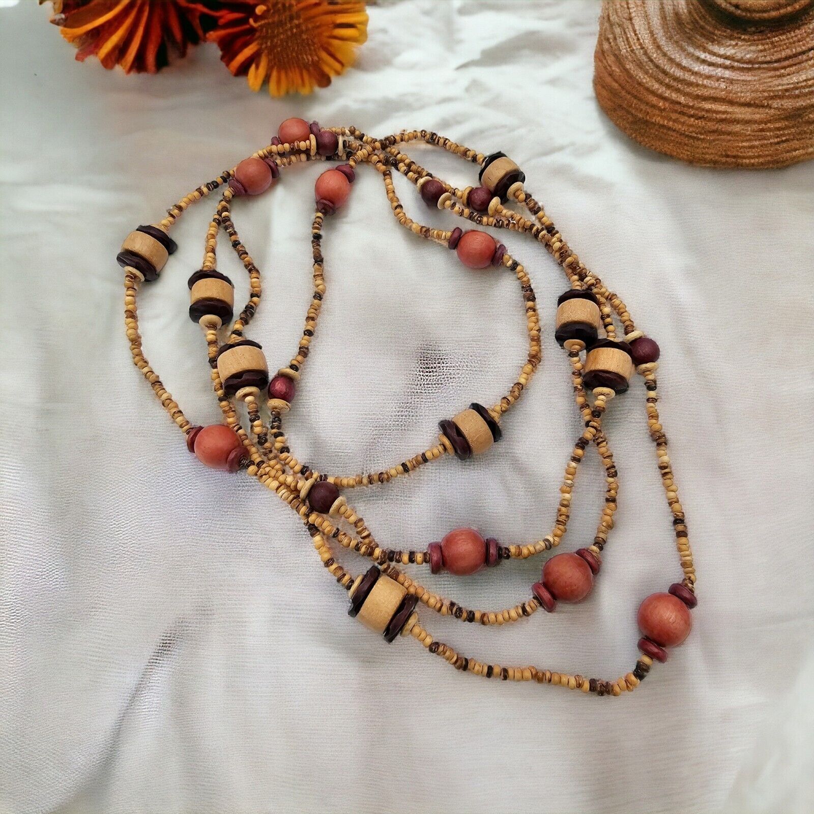Vintage Bohemian Necklace Long Natural Wood Chunky Lariat Boho Station Jewelry